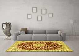 Machine Washable Medallion Yellow Traditional Rug in a Living Room, wshtr731yw