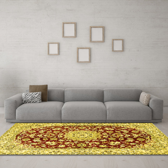 Machine Washable Medallion Yellow Traditional Rug in a Living Room, wshtr731yw