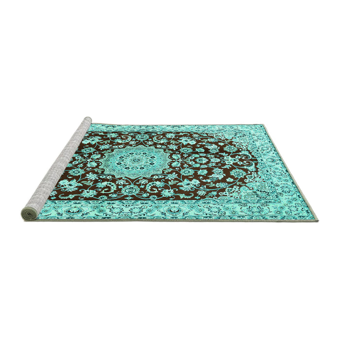 Sideview of Machine Washable Medallion Turquoise Traditional Area Rugs, wshtr731turq