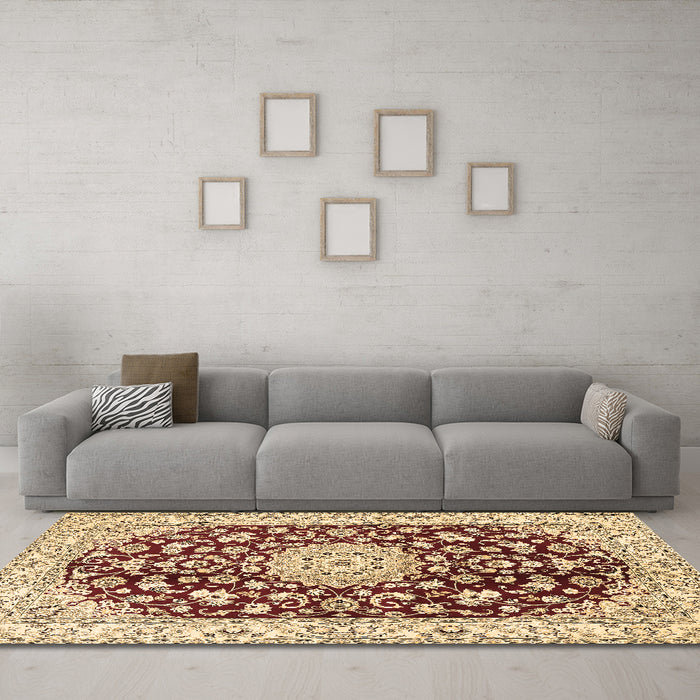Machine Washable Medallion Brown Traditional Rug in a Living Room,, wshtr731brn