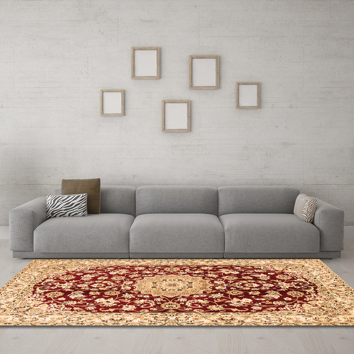 Machine Washable Medallion Orange Traditional Area Rugs in a Living Room, wshtr731org