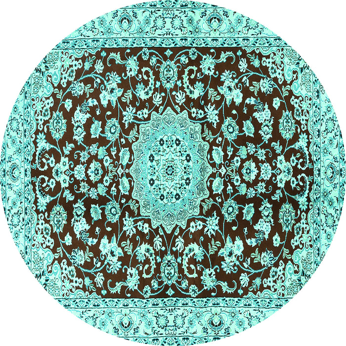 Round Machine Washable Medallion Turquoise Traditional Area Rugs, wshtr731turq