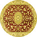 Round Machine Washable Medallion Yellow Traditional Rug, wshtr731yw