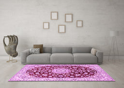 Machine Washable Medallion Pink Traditional Rug in a Living Room, wshtr731pnk