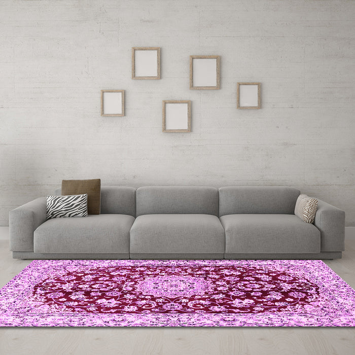 Machine Washable Medallion Pink Traditional Rug in a Living Room, wshtr731pnk