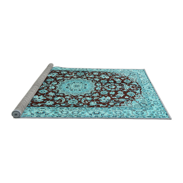 Sideview of Machine Washable Medallion Light Blue Traditional Rug, wshtr731lblu