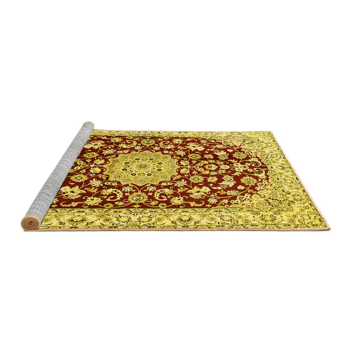 Sideview of Machine Washable Medallion Yellow Traditional Rug, wshtr731yw