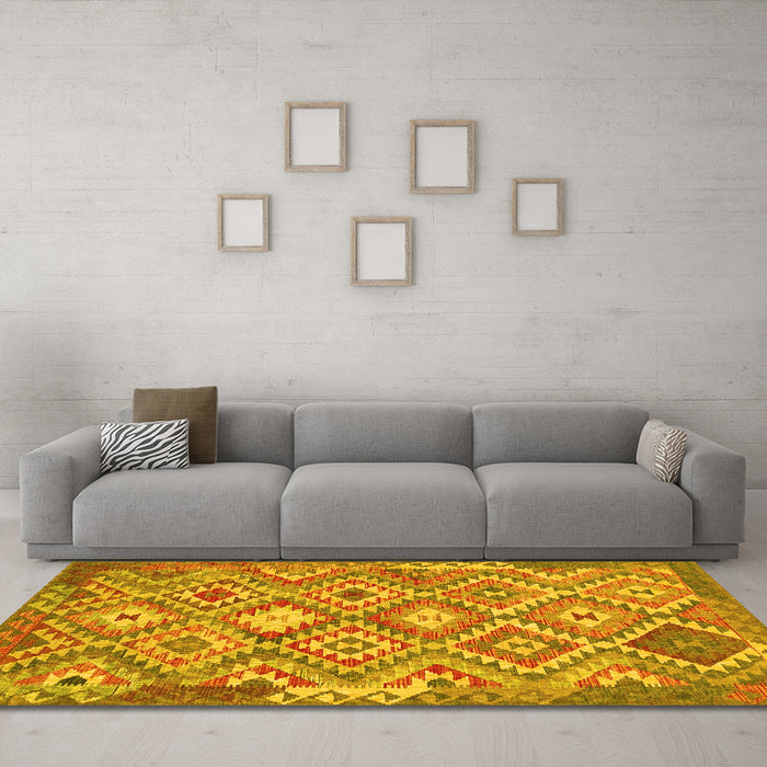 Machine Washable Southwestern Yellow Country Rug in a Living Room, wshtr733yw