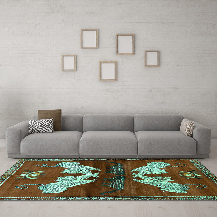 Machine Washable Animal Turquoise Traditional Area Rugs in a Living Room,, wshtr734turq