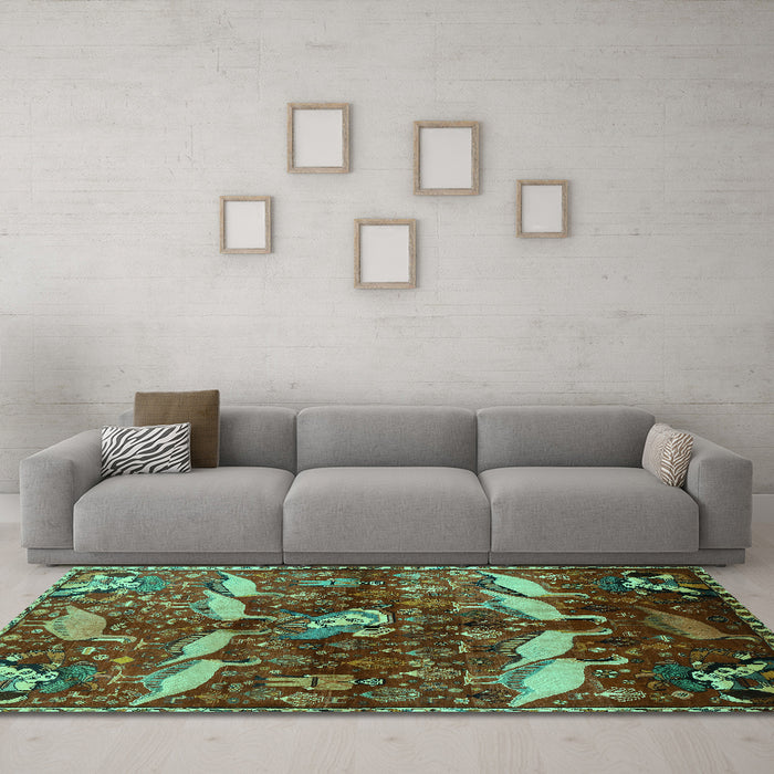 Machine Washable Animal Turquoise Traditional Area Rugs in a Living Room,, wshtr735turq