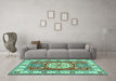 Machine Washable Geometric Turquoise Traditional Area Rugs in a Living Room,, wshtr737turq