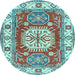 Round Machine Washable Geometric Light Blue Traditional Rug, wshtr737lblu