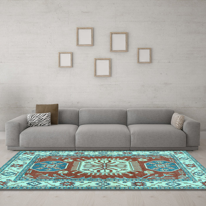 Machine Washable Geometric Light Blue Traditional Rug in a Living Room, wshtr737lblu