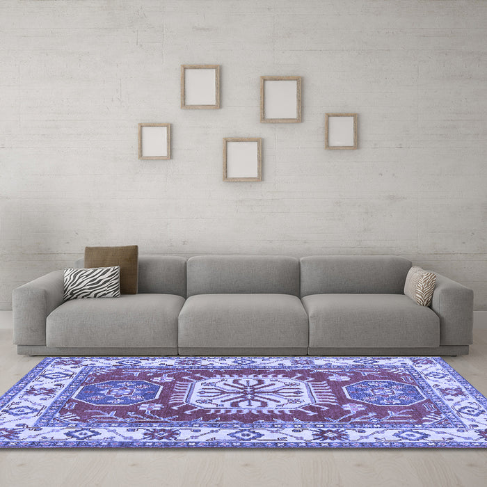 Machine Washable Geometric Blue Traditional Rug in a Living Room, wshtr737blu