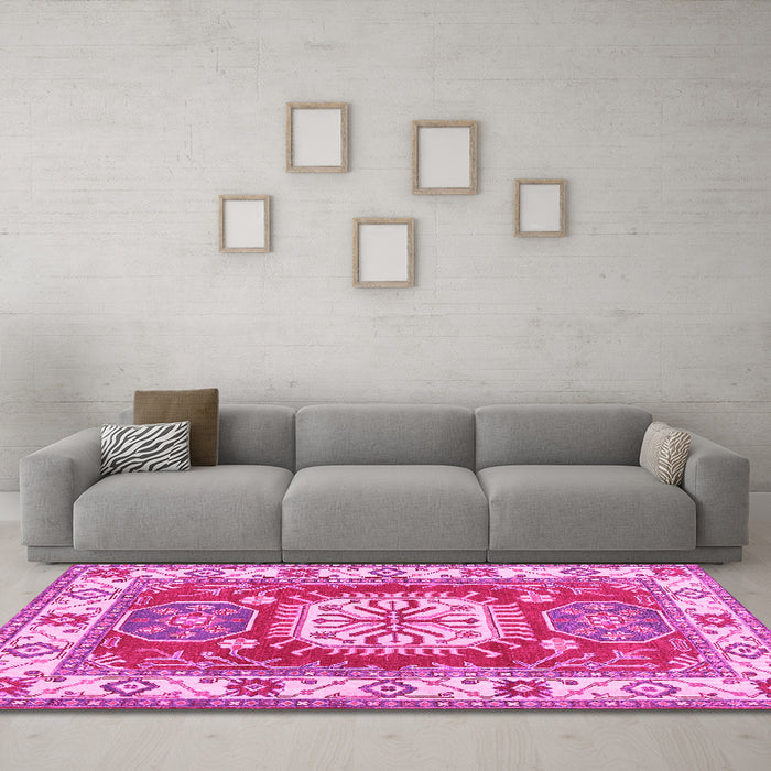 Machine Washable Geometric Pink Traditional Rug in a Living Room, wshtr737pnk