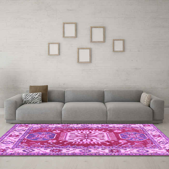 Machine Washable Geometric Purple Traditional Area Rugs in a Living Room, wshtr737pur