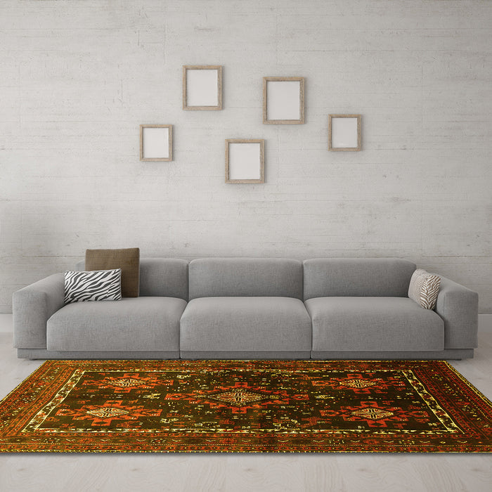 Machine Washable Persian Yellow Traditional Rug in a Living Room, wshtr738yw