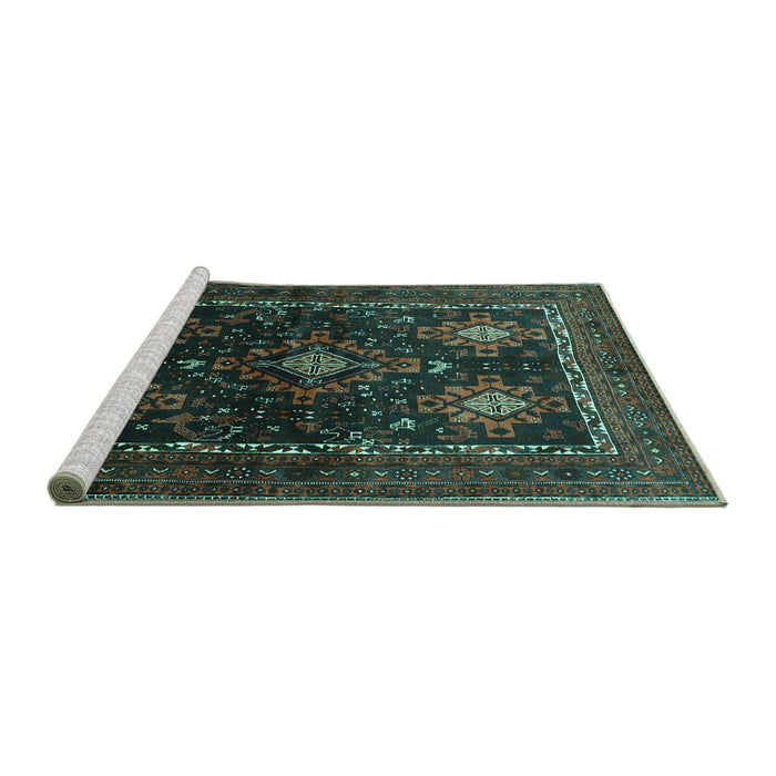 Sideview of Machine Washable Persian Turquoise Traditional Area Rugs, wshtr738turq