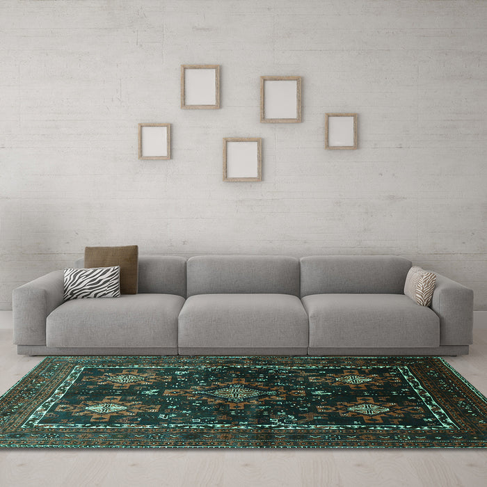 Machine Washable Persian Turquoise Traditional Area Rugs in a Living Room,, wshtr738turq