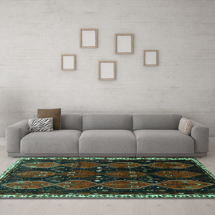Machine Washable Persian Turquoise Traditional Area Rugs in a Living Room,, wshtr739turq