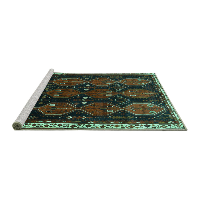Sideview of Machine Washable Persian Turquoise Traditional Area Rugs, wshtr739turq