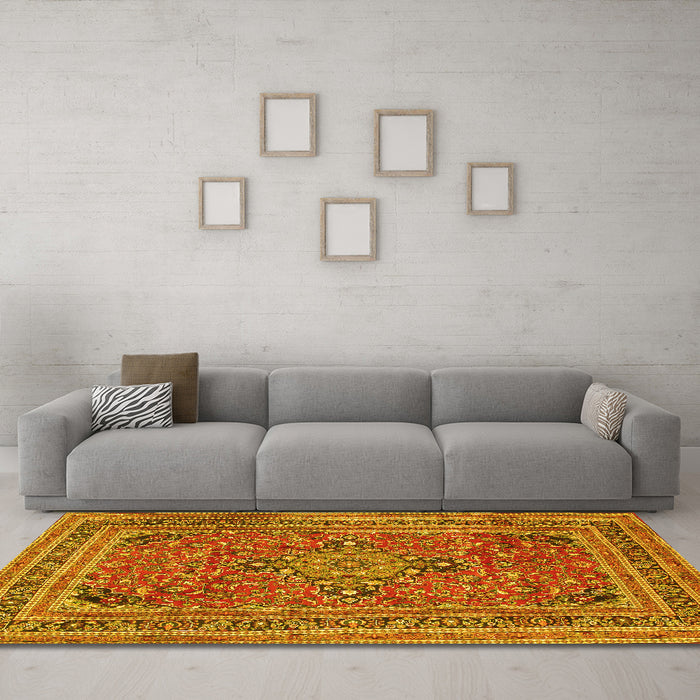 Machine Washable Medallion Yellow Traditional Rug in a Living Room, wshtr73yw