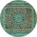 Round Machine Washable Medallion Turquoise Traditional Area Rugs, wshtr73turq