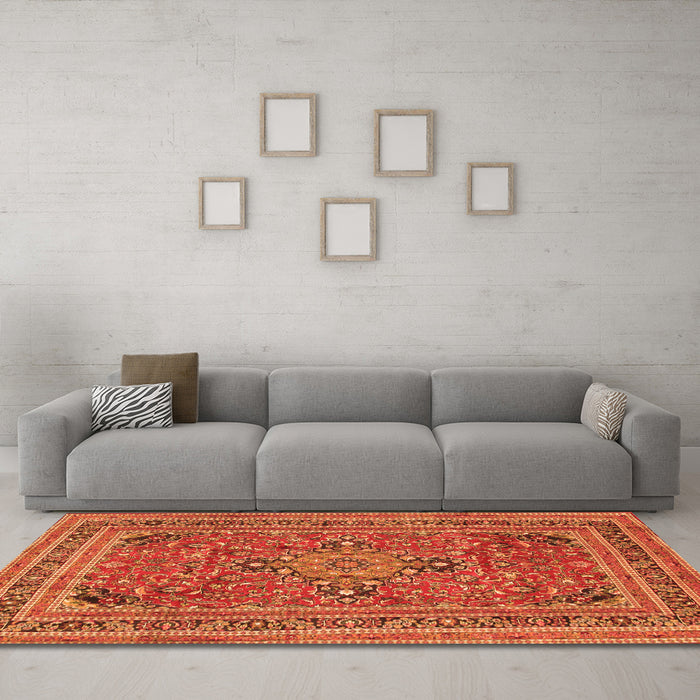 Machine Washable Medallion Orange Traditional Area Rugs in a Living Room, wshtr73org