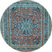 Round Machine Washable Medallion Light Blue Traditional Rug, wshtr73lblu