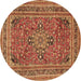 Round Machine Washable Medallion Brown Traditional Rug, wshtr73brn