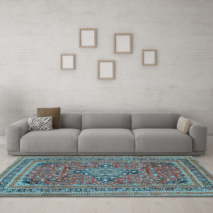 Machine Washable Medallion Light Blue Traditional Rug in a Living Room, wshtr73lblu