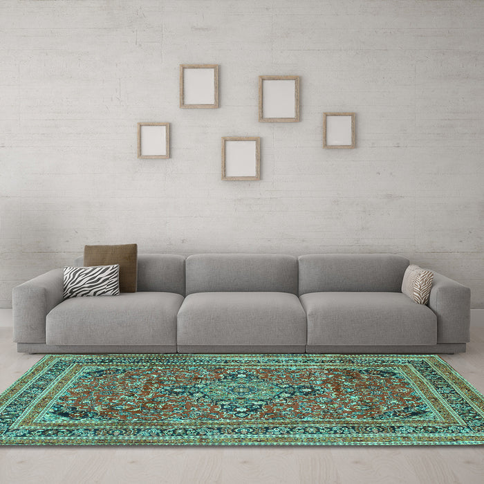 Machine Washable Medallion Turquoise Traditional Area Rugs in a Living Room,, wshtr73turq