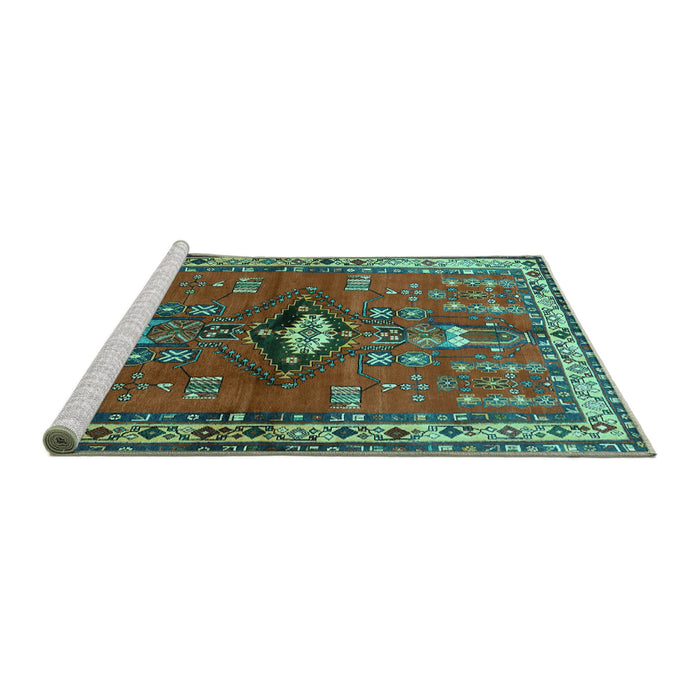 Sideview of Machine Washable Persian Turquoise Traditional Area Rugs, wshtr740turq
