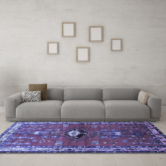 Machine Washable Persian Blue Traditional Rug in a Living Room, wshtr740blu