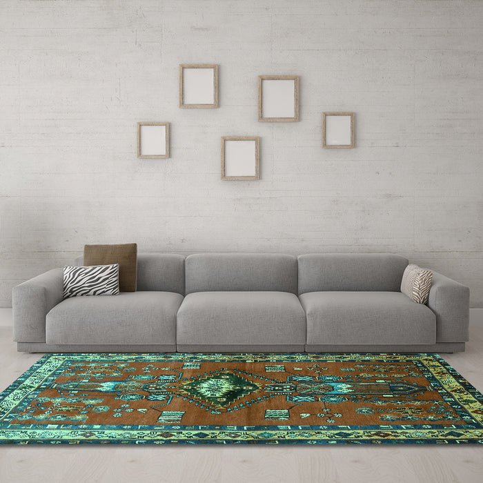 Machine Washable Persian Turquoise Traditional Area Rugs in a Living Room,, wshtr740turq