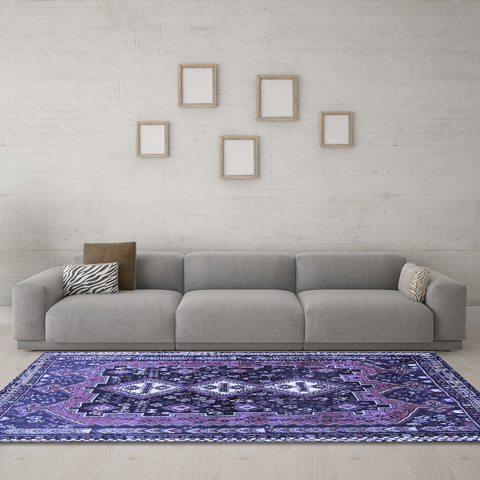 Machine Washable Persian Blue Traditional Rug in a Living Room, wshtr741blu