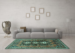 Machine Washable Persian Turquoise Traditional Area Rugs in a Living Room,, wshtr741turq