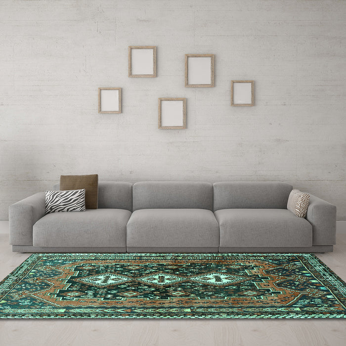Machine Washable Persian Turquoise Traditional Area Rugs in a Living Room,, wshtr741turq
