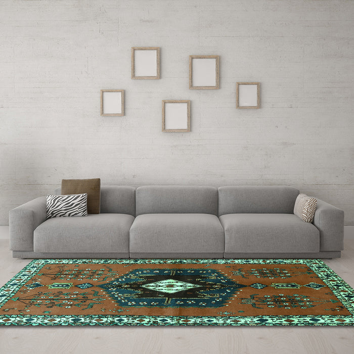 Machine Washable Persian Turquoise Traditional Area Rugs in a Living Room,, wshtr742turq