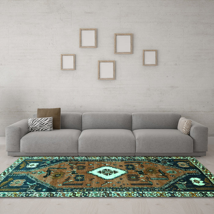 Machine Washable Persian Turquoise Traditional Area Rugs in a Living Room,, wshtr746turq