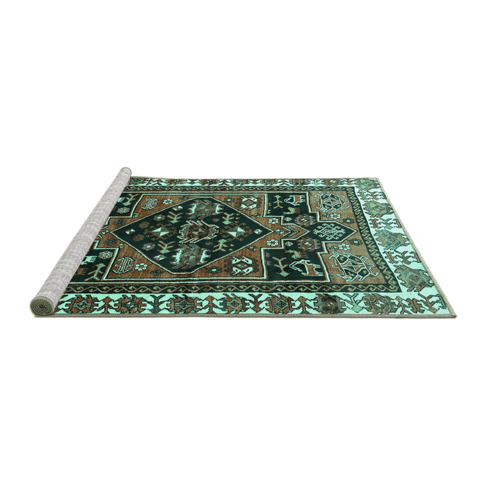 Sideview of Machine Washable Persian Turquoise Traditional Area Rugs, wshtr747turq