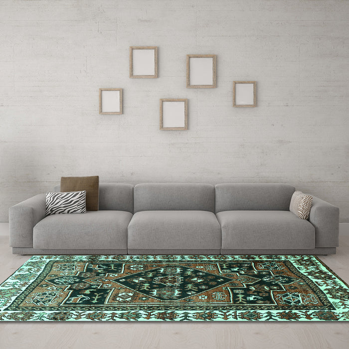 Machine Washable Persian Turquoise Traditional Area Rugs in a Living Room,, wshtr747turq