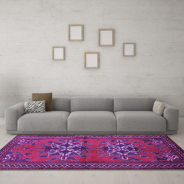 Machine Washable Persian Purple Traditional Area Rugs in a Living Room, wshtr749pur