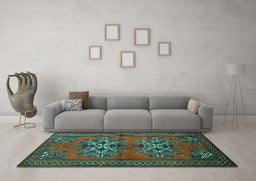 Machine Washable Persian Turquoise Traditional Area Rugs in a Living Room,, wshtr749turq