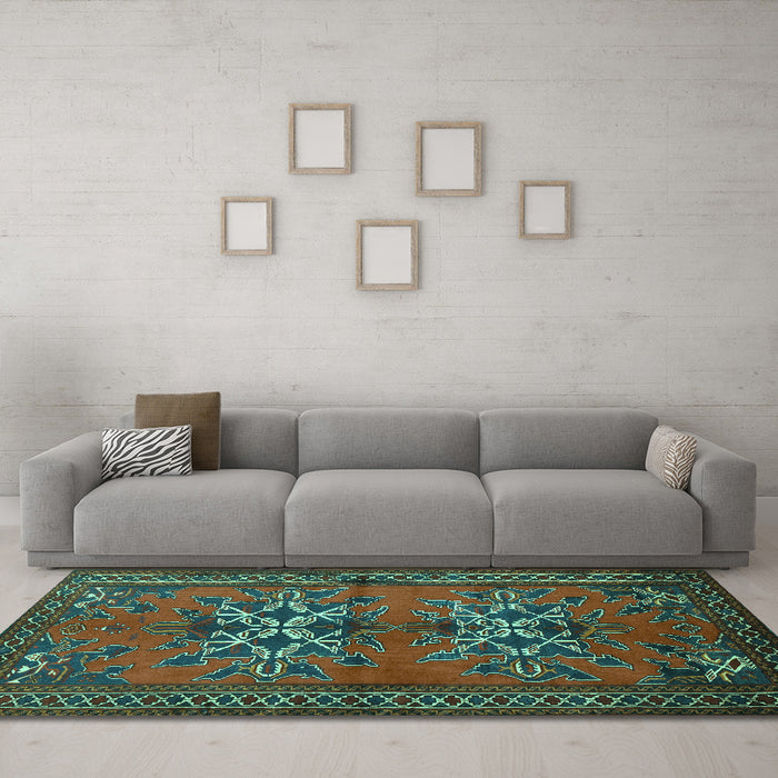 Machine Washable Persian Turquoise Traditional Area Rugs in a Living Room,, wshtr749turq