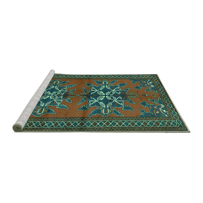 Sideview of Machine Washable Persian Turquoise Traditional Area Rugs, wshtr749turq