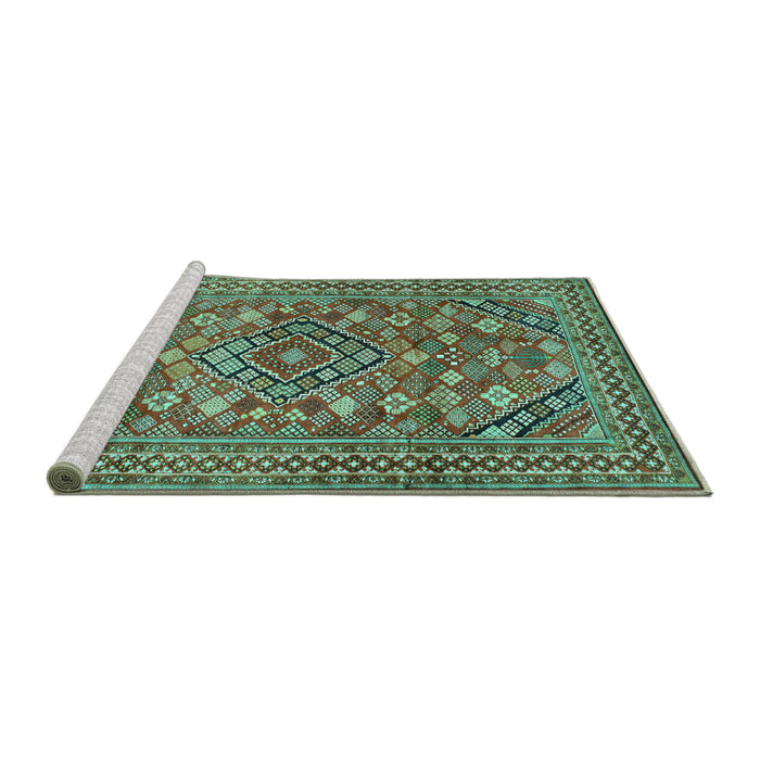 Sideview of Machine Washable Persian Turquoise Traditional Area Rugs, wshtr74turq