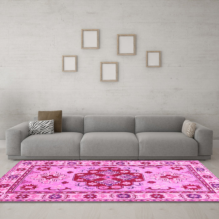 Machine Washable Persian Pink Traditional Rug in a Living Room, wshtr750pnk