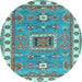 Round Machine Washable Geometric Light Blue Traditional Rug, wshtr751lblu