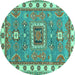 Round Machine Washable Geometric Turquoise Traditional Area Rugs, wshtr751turq